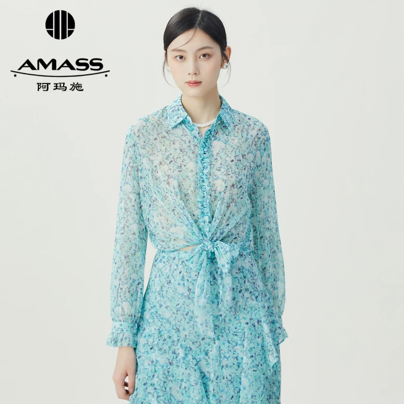 阿玛施AMASS新款女装翻领复古微透波点百搭长袖绑带衬衫女5300285