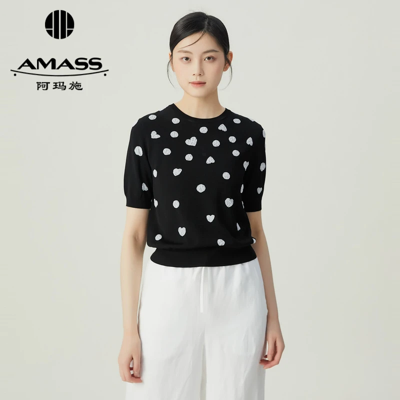 阿玛施AMASS女装时尚品牌复古优雅爱心波点圆领百搭短袖5399704