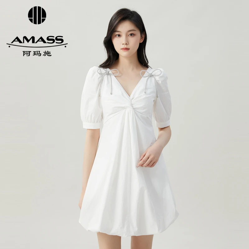 阿玛施AMASS新款女装v领蝴蝶结公主袖短款连衣裙附胸针5500429