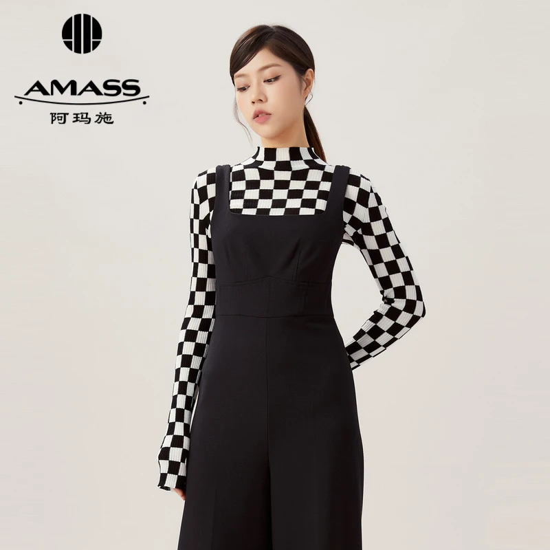 阿玛施AMASS气质通勤时尚方领无袖纯色连体裤显瘦直筒长裤5100408