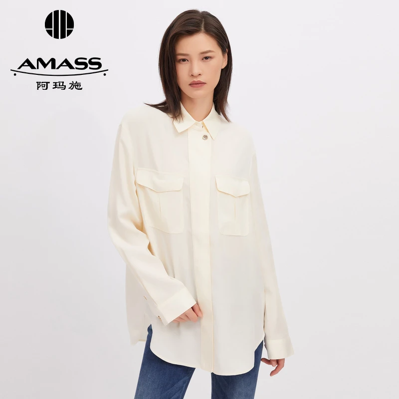 阿玛施AMASS纯色时尚通勤衬衫垂坠感宽松轻薄长袖衬衣外套5300757