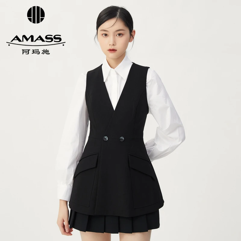 阿玛施AMASS新款女装质感通勤V领收腰纯色两扣无袖马甲5400446-2