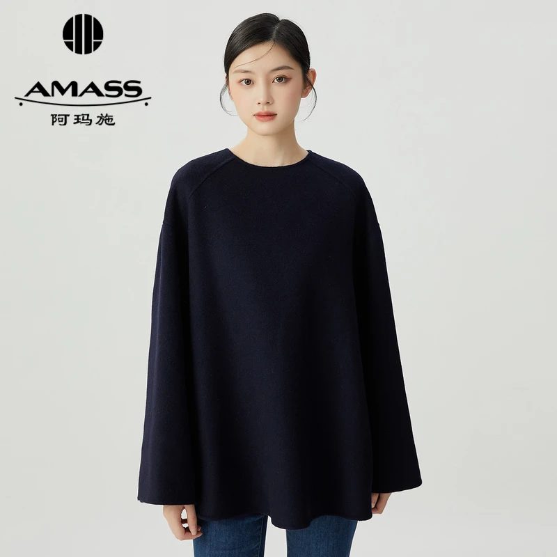 阿玛施AMASS新款女装绵羊毛简约纯色圆领套头衬衫式双面呢5300904