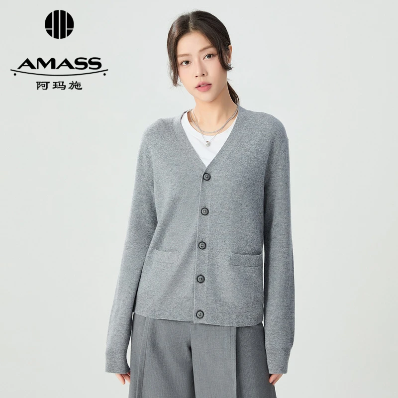 阿玛施AMASS新款奢雅时尚质感垂坠V领绵羊毛针织开衫女5499268