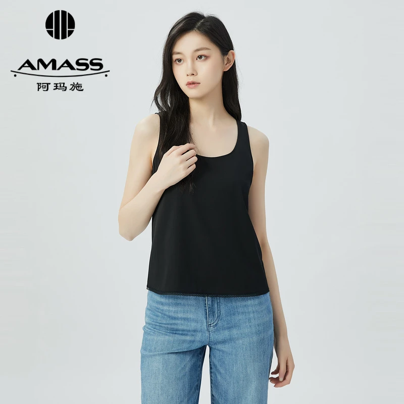 阿玛施AMASS新款女装桑蚕丝百搭背心圆领纯色内搭打底上衣5300730