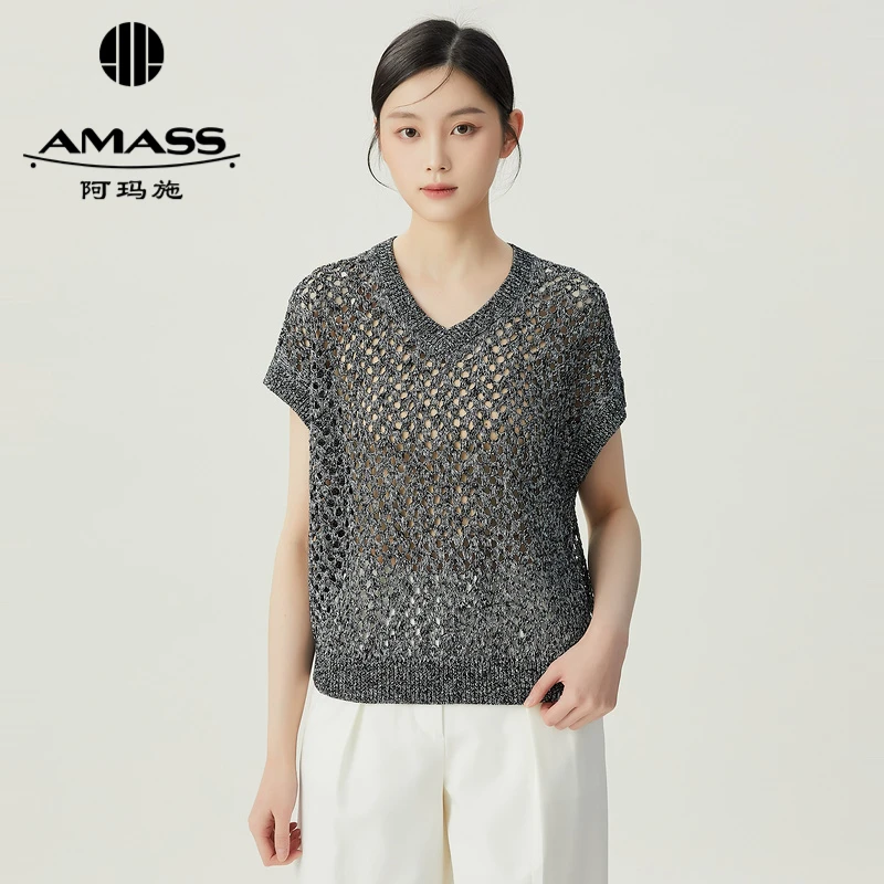 阿玛施AMASS新款女装个性镂空网洞花灰色无袖纯色针织衫5399734