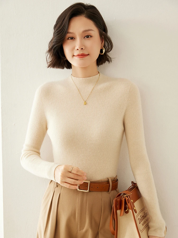 一线成衣#半高领羊绒衫女士弹力修身打底衫显瘦毛衣长袖