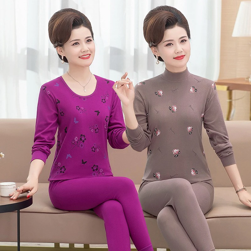 100%全棉女中老年妈妈秋衣秋裤纯棉中领红棉毛衫老人保暖内衣套装