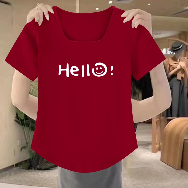 圆领百搭洋气显瘦新款夏季时尚短袖修身设计感上衣T恤红色女
