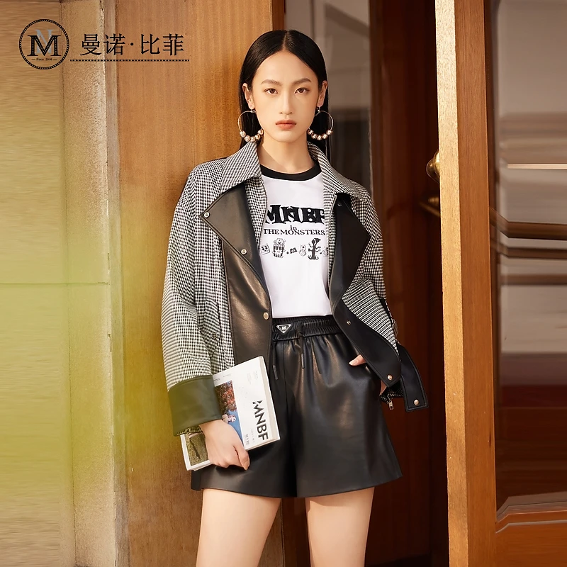 【白姐专属】百搭显瘦pu皮拼接衬衫外套MEJG135131