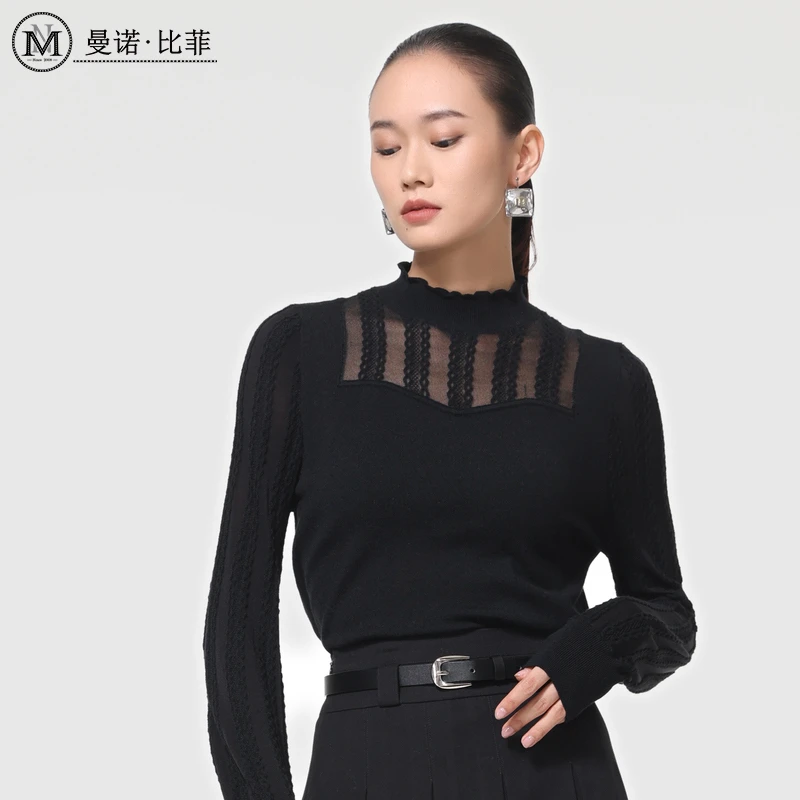 【小余专属】曼诺比菲蕾丝拼接镂空打底衫MECM143070