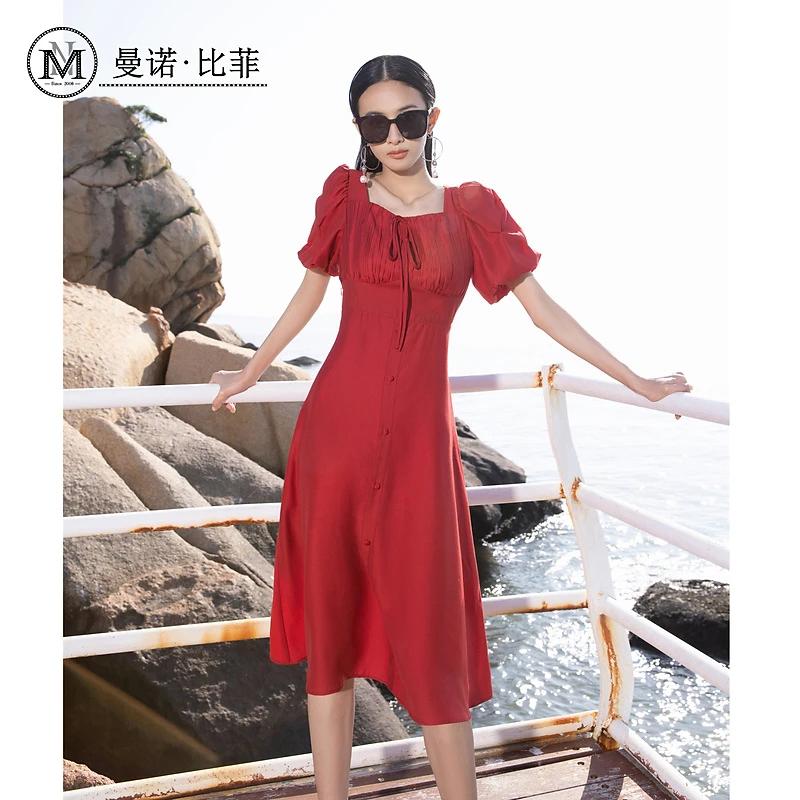 【小北姐专属】曼诺比菲红色设计感绑带连衣裙MEBL123078