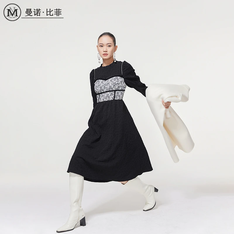 【白姐专属】曼诺比菲撞色拼接设计感连衣裙MEEL141074
