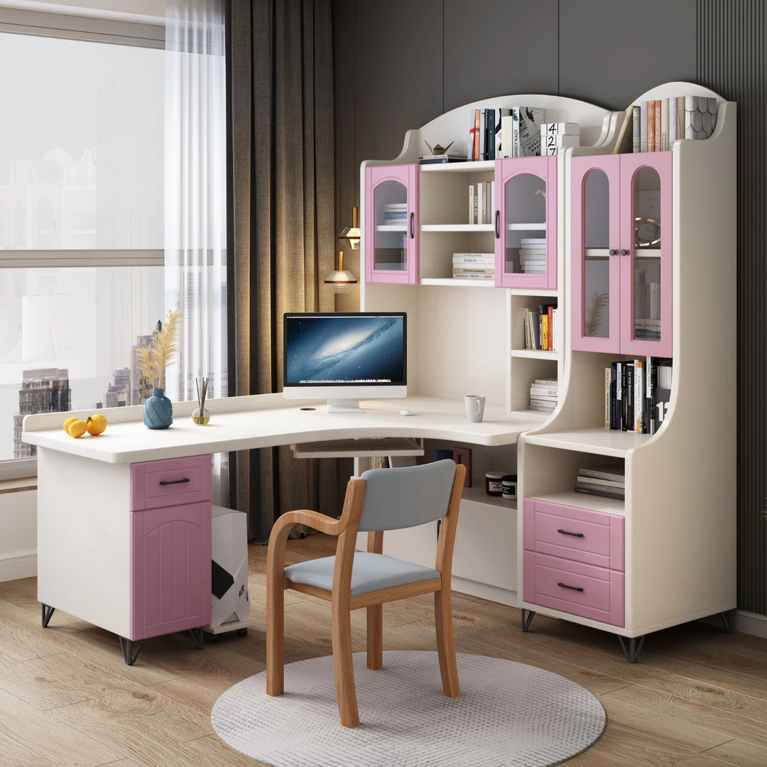 实木电脑桌台式书桌儿童学习桌书桌书柜组合转角实木书架一体组合