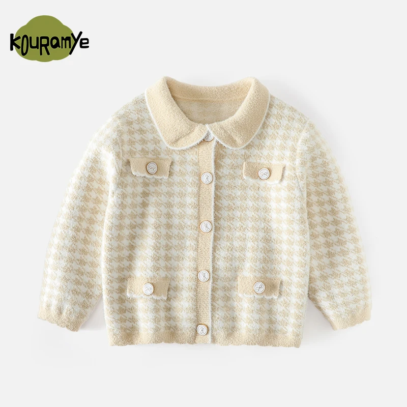 酷娃米秋冬新款中小女宝宝时尚百搭千鸟格小香风开衫毛衣4532