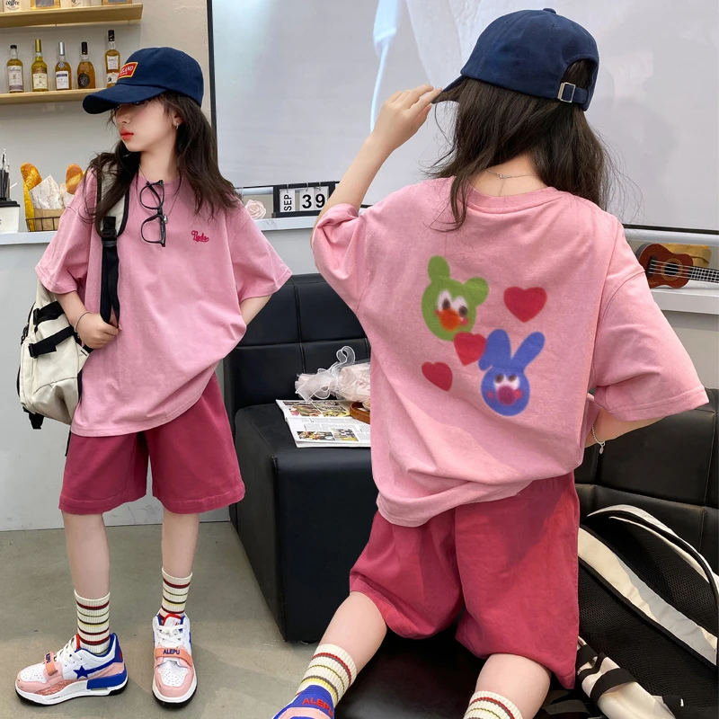 女童夏款短袖短裤套装中大童韩版宽松爱心大T恤休闲短款两件套