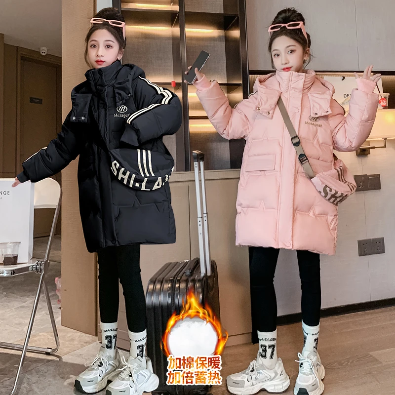 女童冬款棉衣中大童洋气宽松时尚连帽中长款加厚保暖包包棉袄棉衣