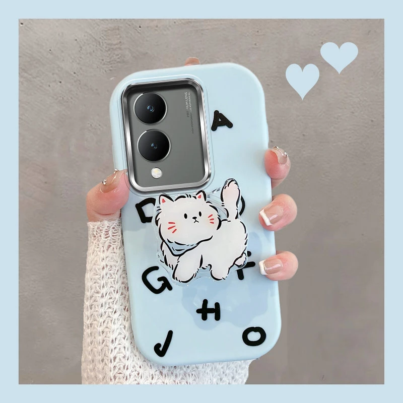 vivoY36手机壳y36i新款V2318A女款可爱猫咪带支架软壳字母浅蓝色