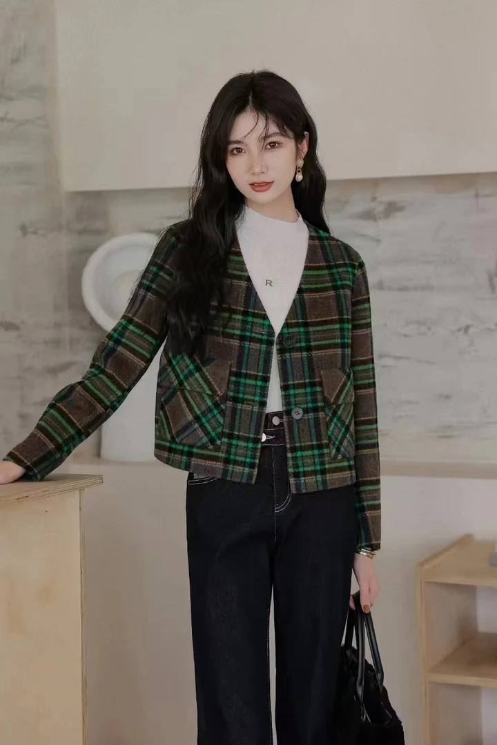 复古气质格子毛呢外套小个子长袖时尚上衣