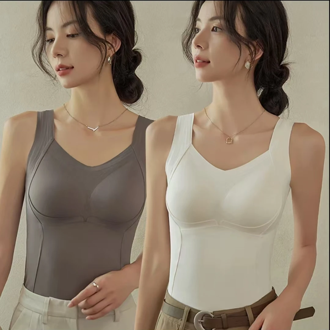 訫亦秋冬季文胸暖衣一体式桑蚕丝羊毛暖绒修身可外穿女士保暖背心