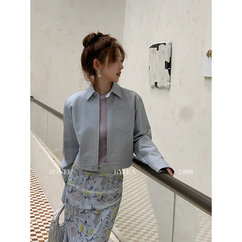 ZONEE blue hour 原创法式休闲感冰蓝色衬衣风格春夏百搭短夹克