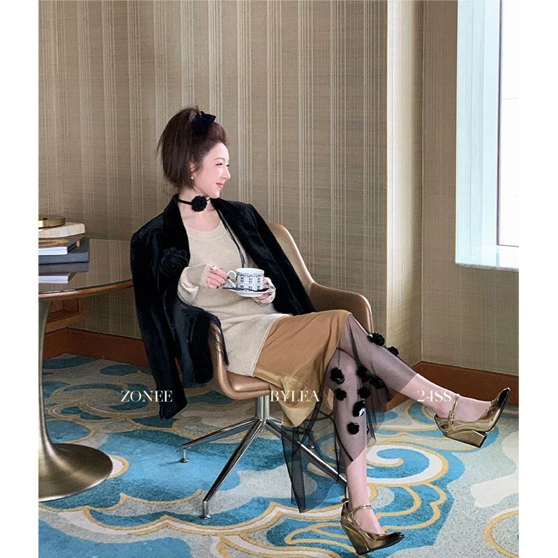 ZONEE 落日余晖下 法式浅卡其针织拼接网纱重工长袖春日连衣裙