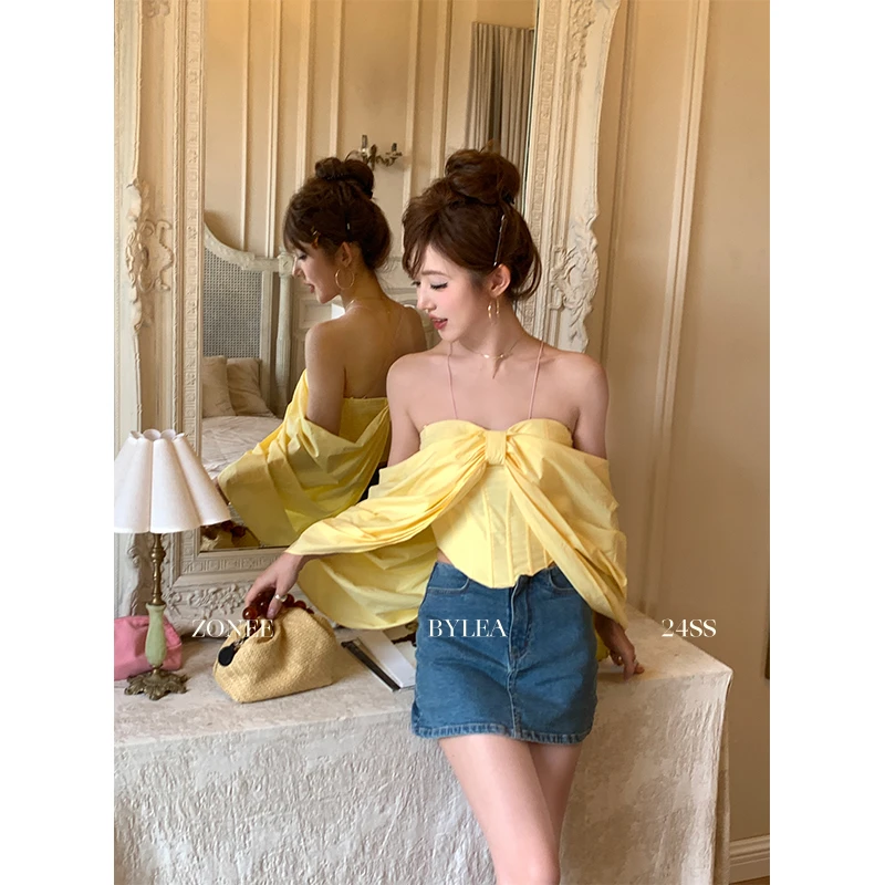 ZONEE 坠入彩色乌托邦 法式复古多种穿法黄色蝴蝶收腰弹力上衣