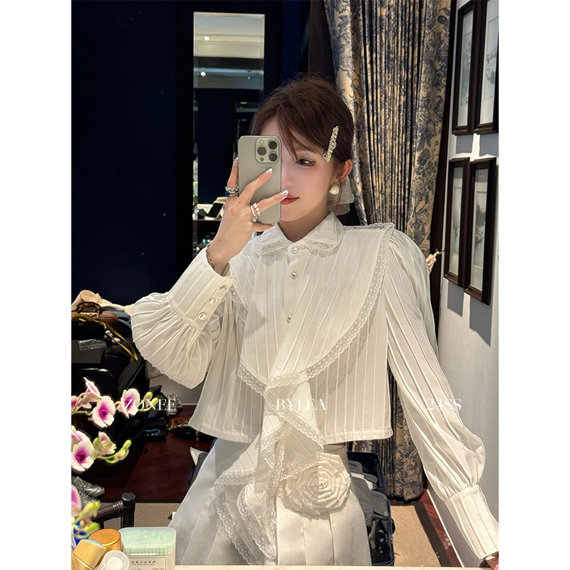 ZONEE 造梦世界 法式早春设计感气质时髦显瘦白色荷叶领长袖衬衣