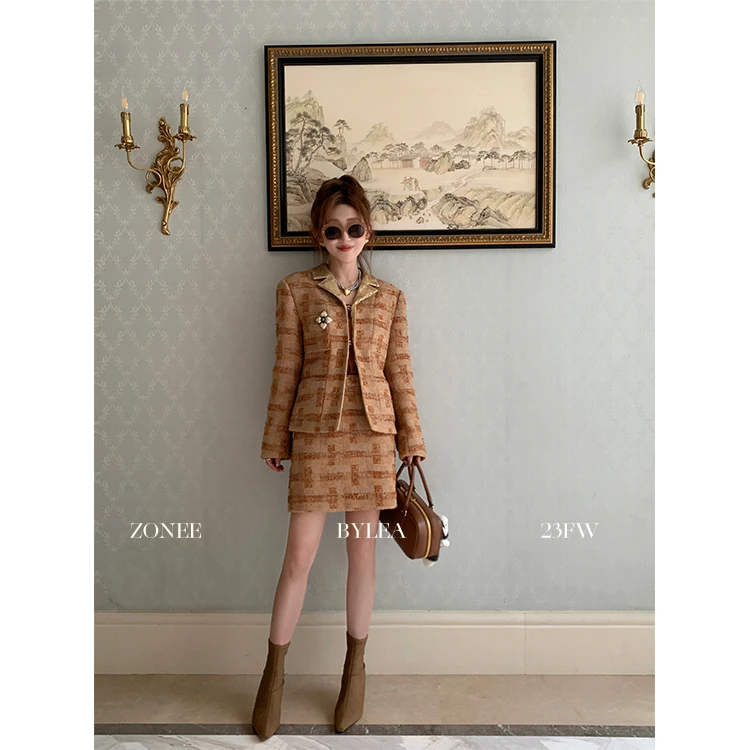 ZONEE 米兰旋转木马 原创设计法式千金金棕拼接小香外套半裙套装