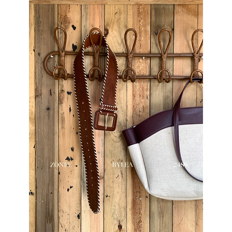 ZONEE 法式复古时髦棕色编织细节宽皮带