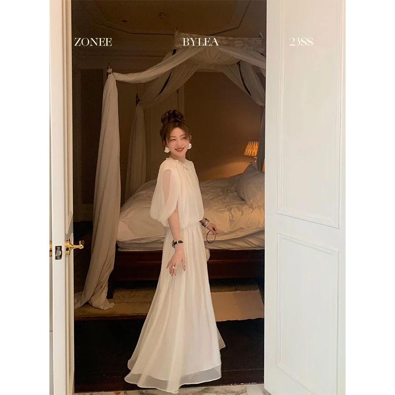 Lea宋亦雯 白色永远优雅 法式飘纱腰部抽绳设计无袖半裙仙气套装