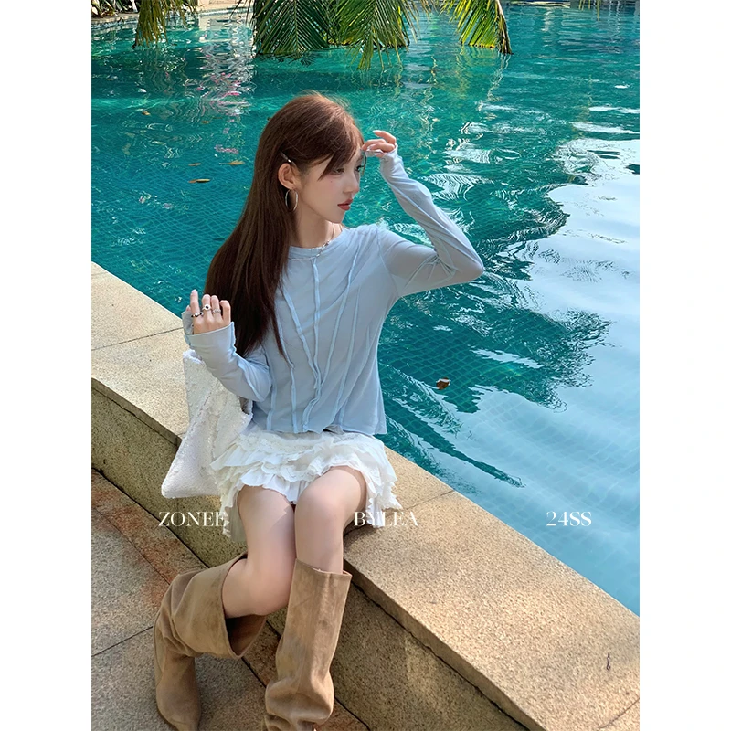 ZONEE 舒适主义 法式原创设计精致时髦天蓝色长袖t百搭春季