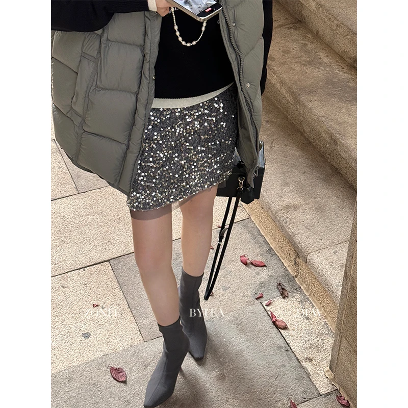 ZONEE 皆是闪耀 原创设计法式精致休闲感银灰爆闪网纱长短半裙