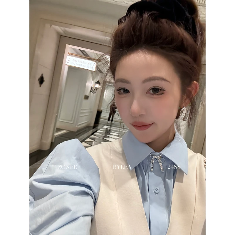 ZONEE Mardi的春天 原创设计法式复古休闲感蓝色廓形剪裁春夏衬衫