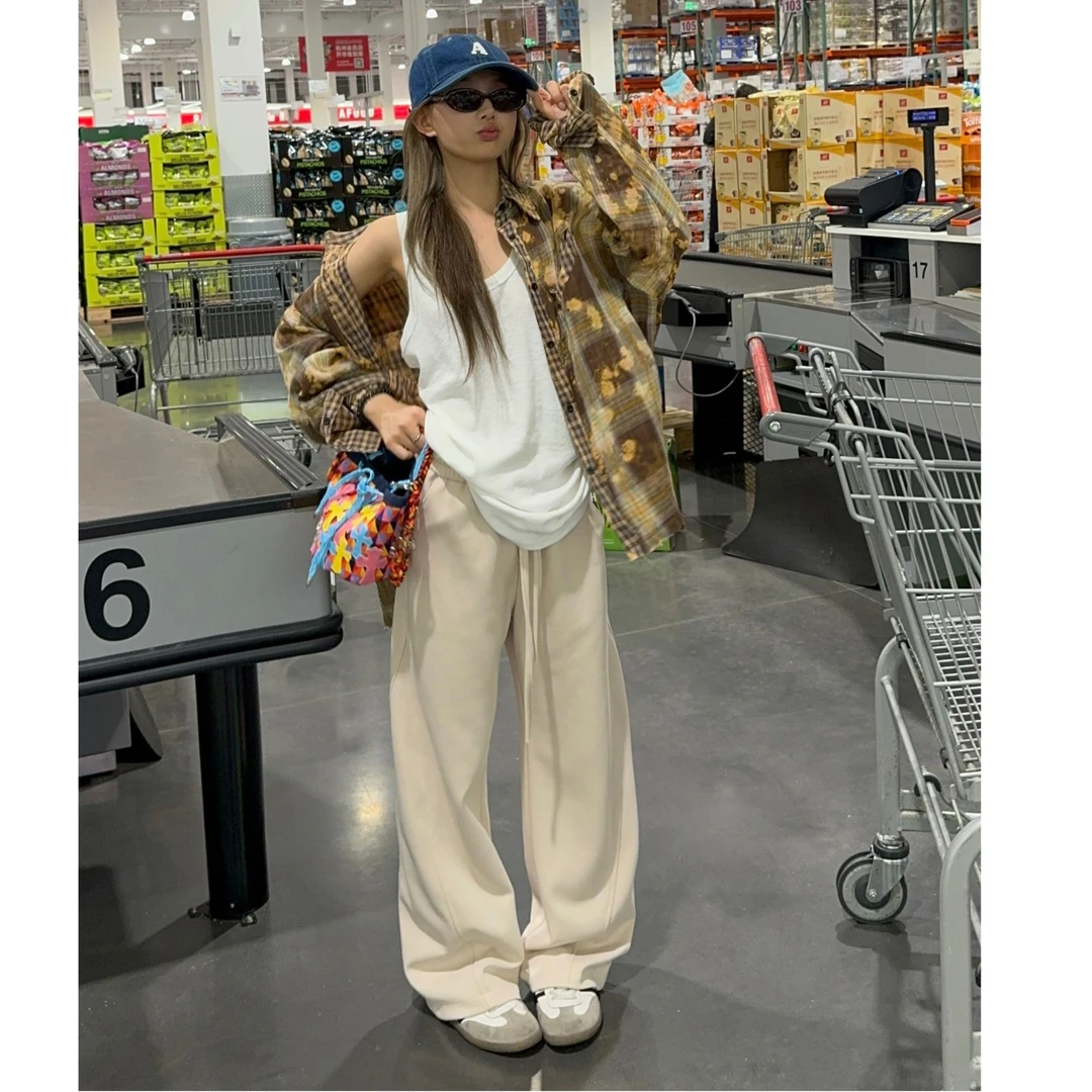 NNEFC显瘦垂感弯刀裤直筒休闲百搭宽松阔腿抽绳拖地小个子休闲裤