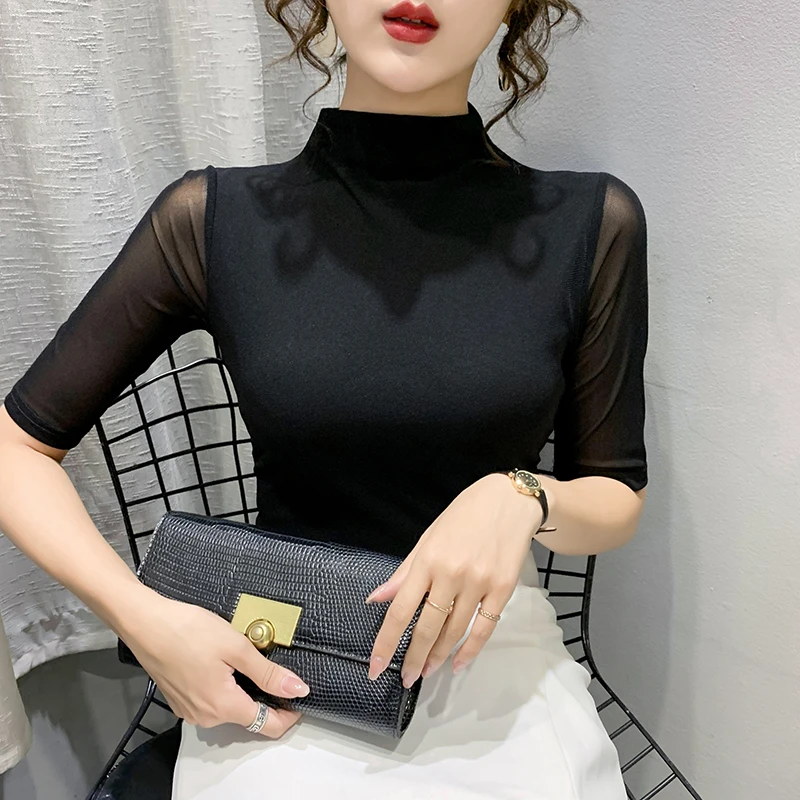2023年春秋新款大码圆领蕾丝衫网纱打底衫长袖t恤女百搭外穿上衣
