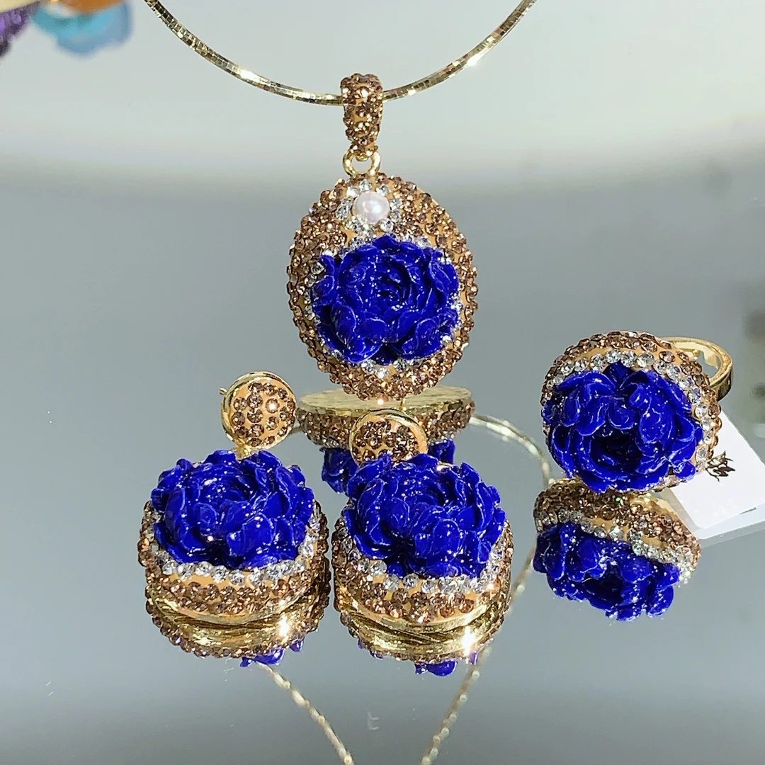 铜合金合成锆石吊坠 TTSD 蓝色牡丹花设计时尚吊坠三件套 285