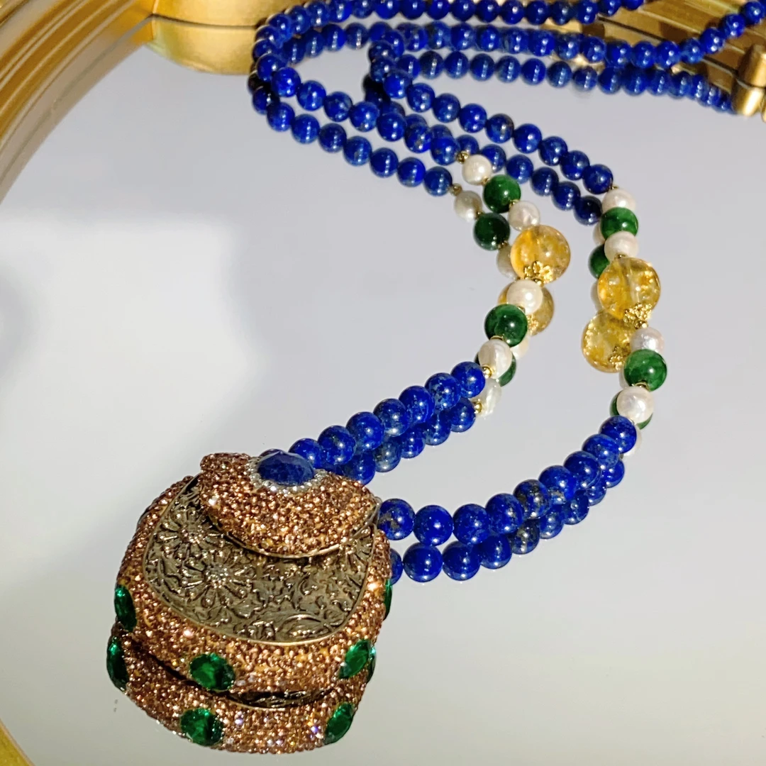 铜合金合成锆石项链 TTSD 蓝色设计款香包宫廷重工时尚项链1004d