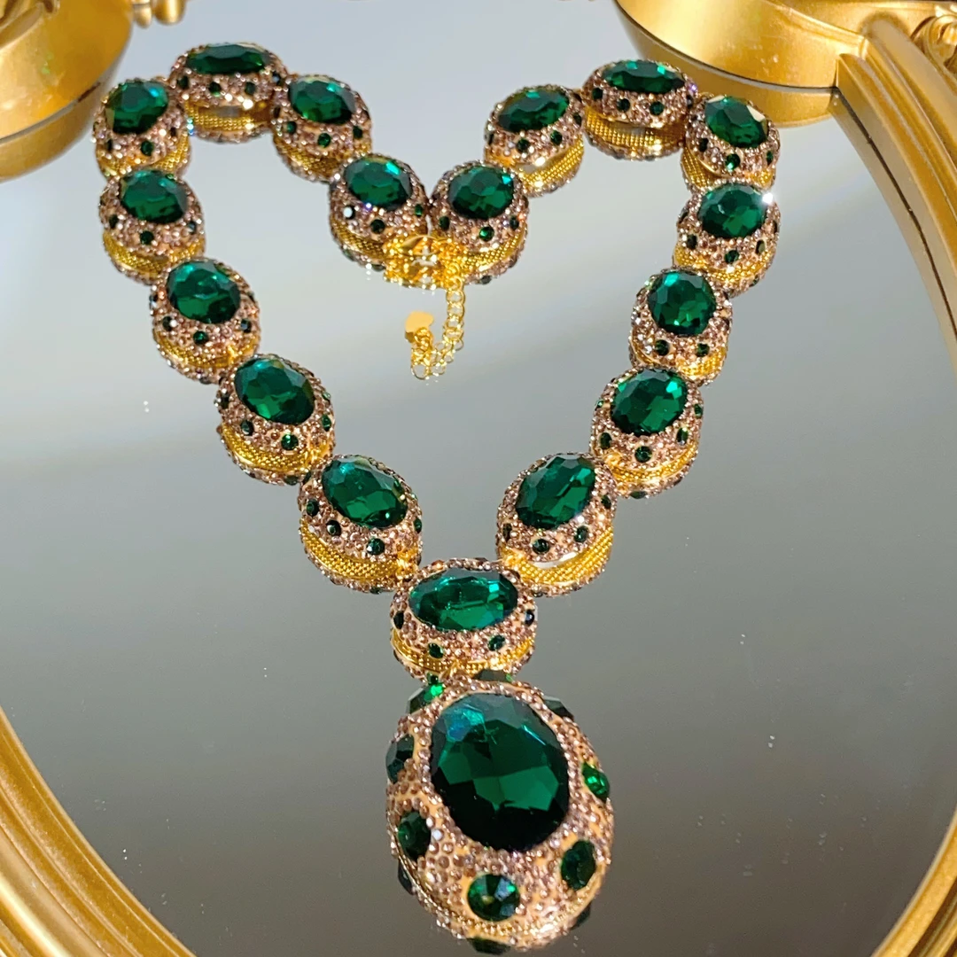 铜合金合成锆石项链 TTSD 绿色施华洛椭圆奢华轻奢法式项链8081