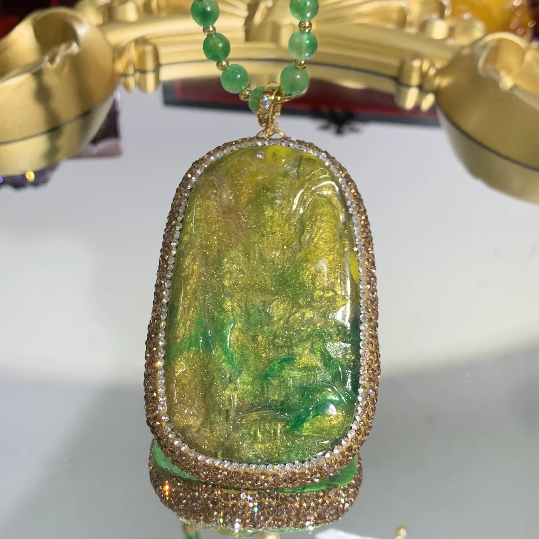 铜合金合成锆石吊坠 TTSD 绿色mn山水牌百搭毛衣链 6498