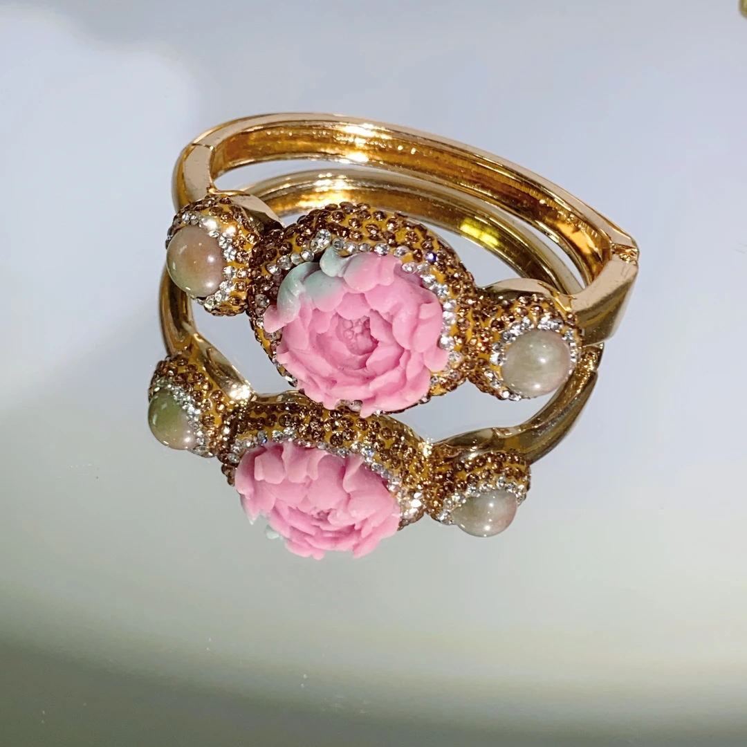 铜合金合成锆石手镯 TTSD 粉色牡丹花气质民族风复古轻奢手镯627