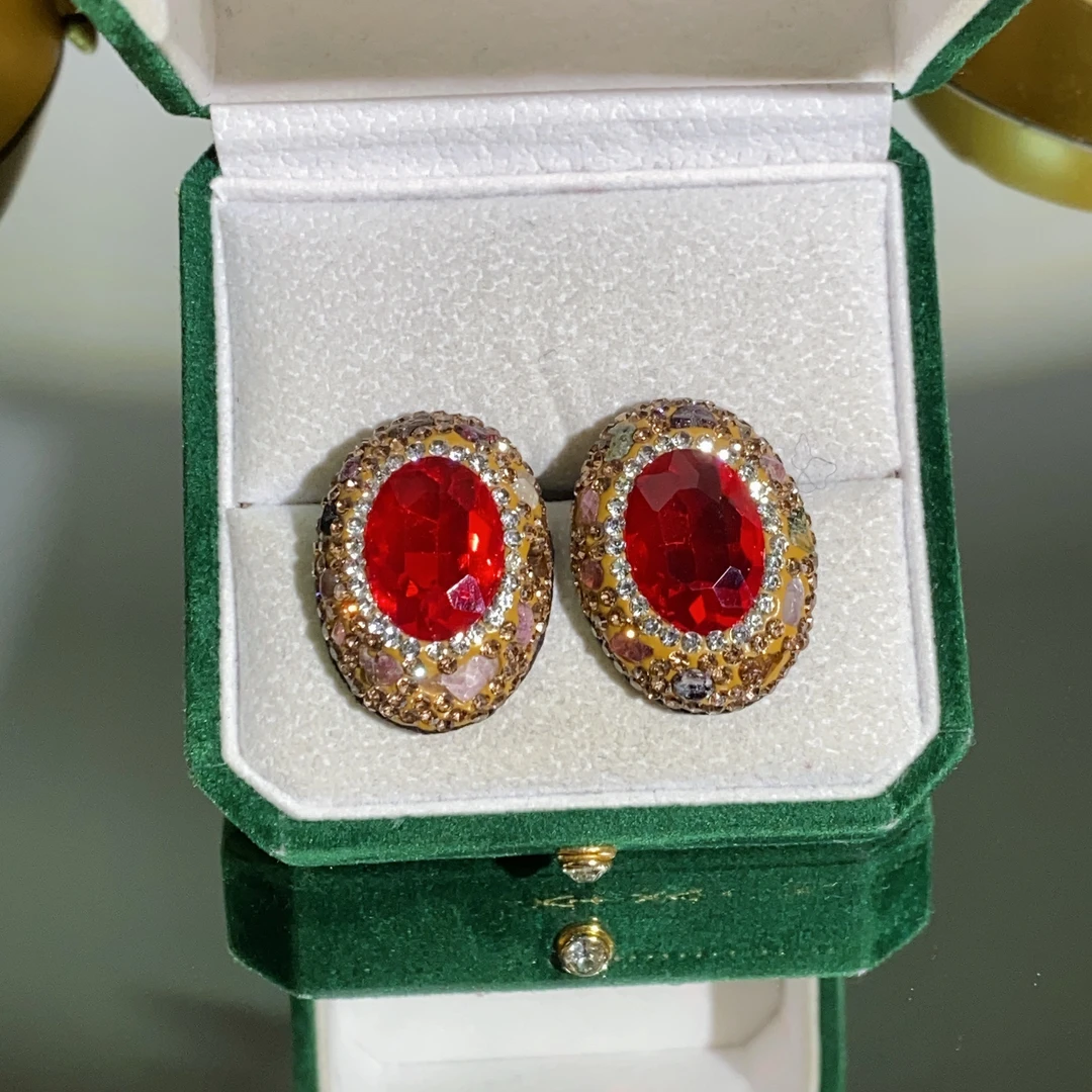铜合金合成锆石耳饰 TTSD 红色SHL椭圆形耳钉 579