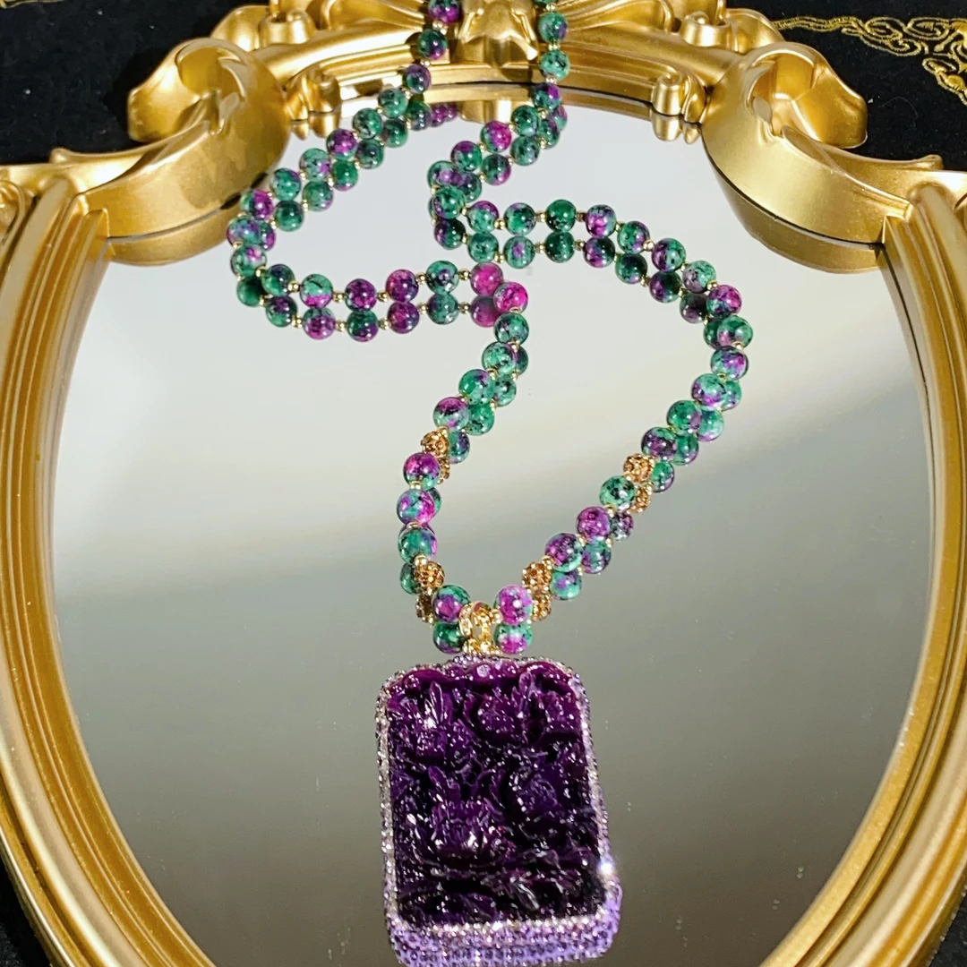 铜合金合成锆石项链 TTSD原创设计复古紫色牡丹花奢华毛衣链572