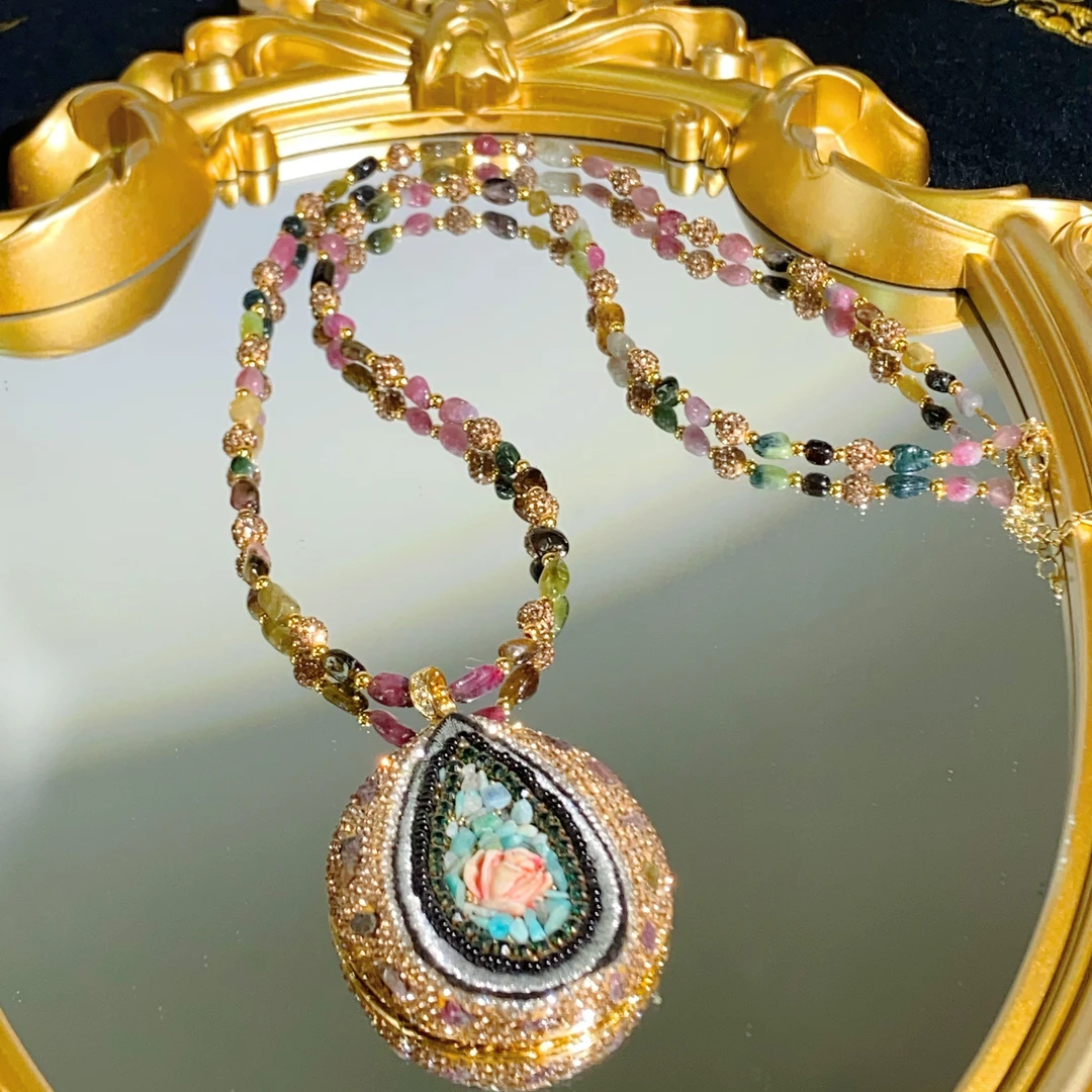 铜合金合成锆石项链 TTSD 原创设计复古宫廷手工陶泥花毛衣链6675