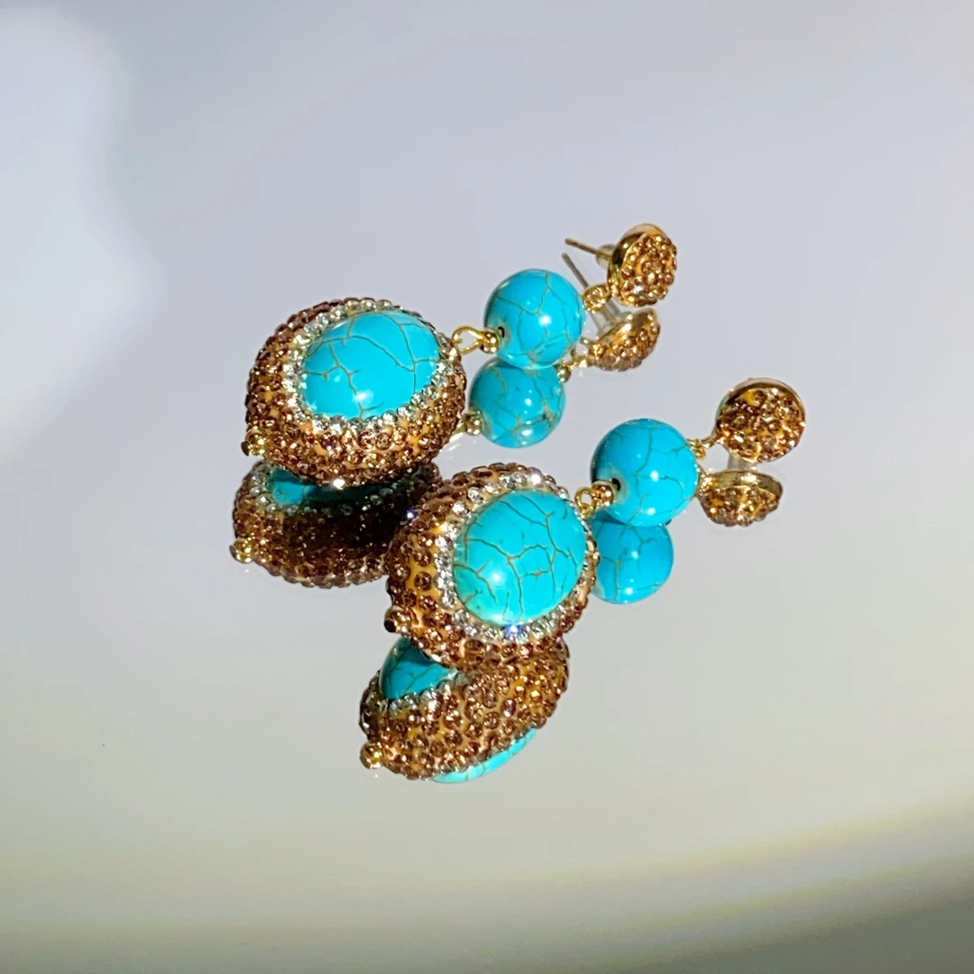 铜合金合成锆石耳饰 TTSD 蓝色松松多裸面设计款时尚个性耳环6376