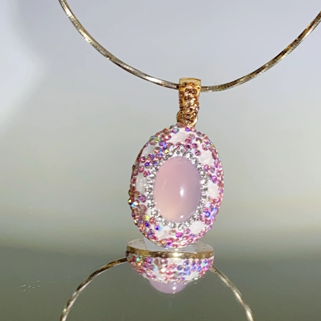 铜合金合成锆石吊坠 TTSD 粉色椭圆形镶嵌时尚洋气吊坠欧美风3524