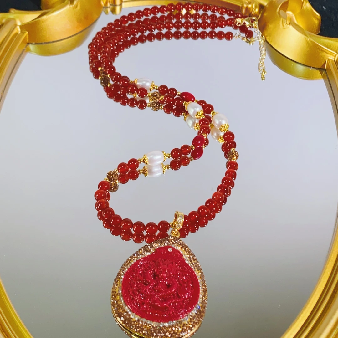 铜合金合成锆石项链 TTSD 红色雕刻龙牌时尚奢华百搭项链378