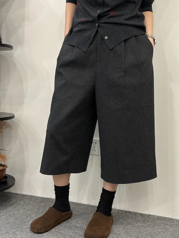 复古呢料七分阔腿裤显瘦百搭休闲裤