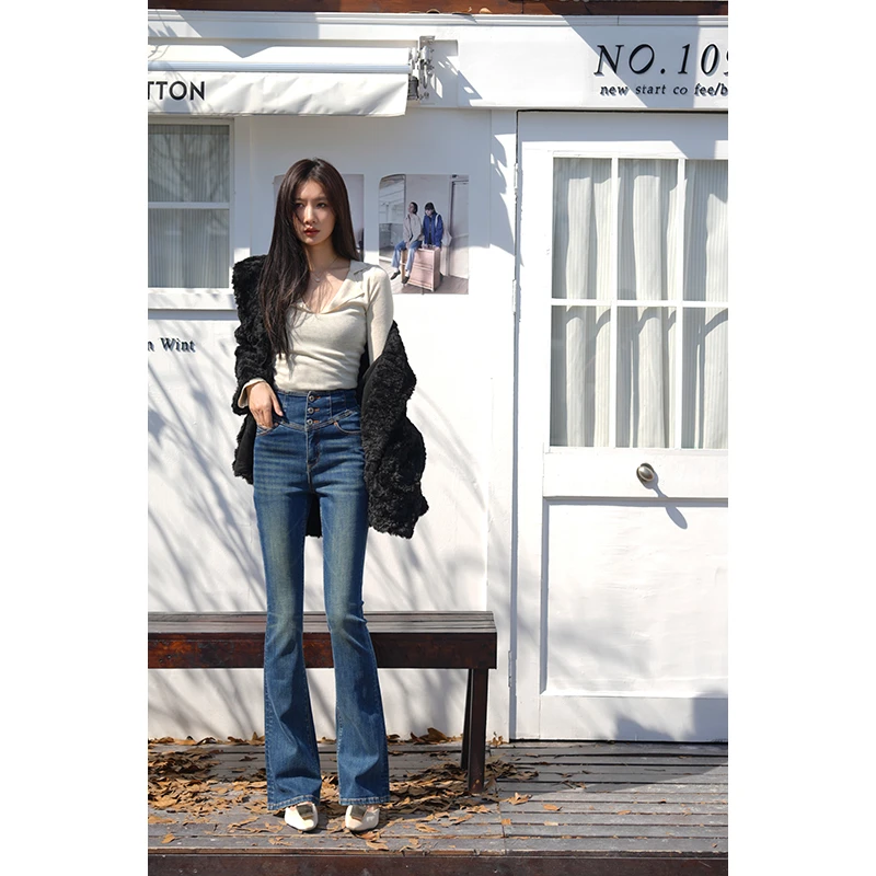 【ZOE三扣】怀旧蓝色港风高腰喇叭裤新款设计感微喇显高显瘦