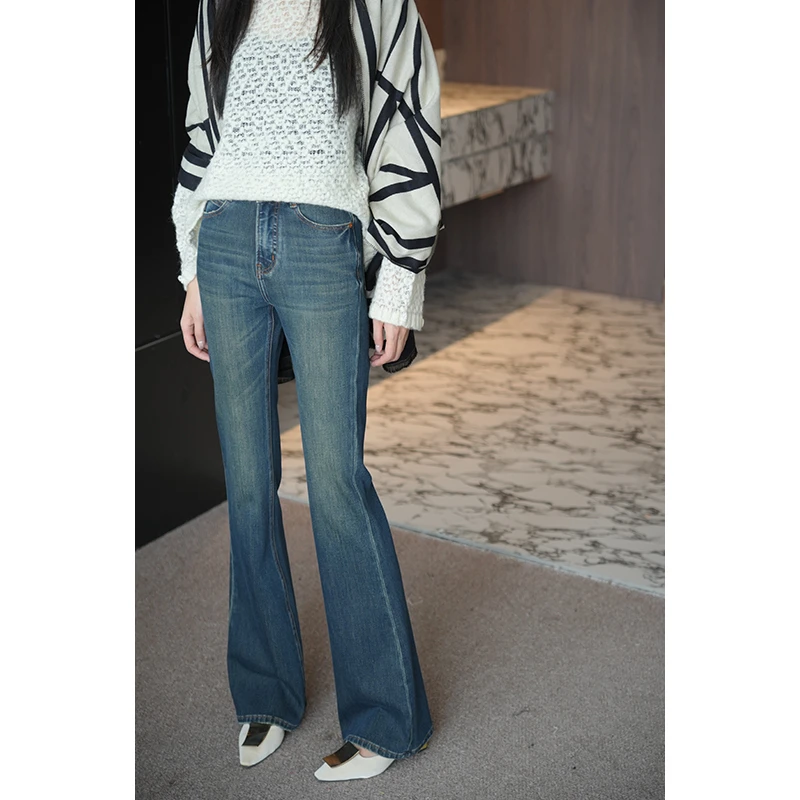 【ZOE】• 海洋系列 •流浪法式蓝中高腰显瘦微喇裤怀旧风牛仔喇叭裤